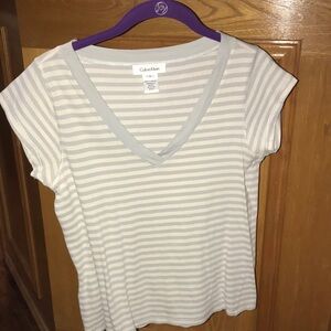 Calvin Klein Stripped V-Neck Short Sleeve Tee- Light Blue & White Stripes-Size S